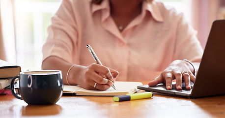 Image showing Writing, planning and woman hands on laptop for online course, remote university education and research. Young person or gen z student on computer and notebook for creative notes, ideas and elearning