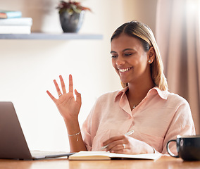 Image showing Laptop, student and woman wave in video call for online learning, studying or webinar in home. Scholarship hello, distance education and happy female waving in virtual class with computer and book.