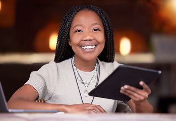 Image showing Black woman, tablet and portrait smile in remote work by laptop for business schedule planning at cafe. Happy African female freelancer holding touchscreen by computer smiling for project plan idea