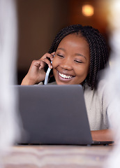 Image showing Black woman, phone call and smile on laptop in remote work for communication, conversation or discussion. Happy African American female freelancer smiling or talking on smartphone by computer at cafe