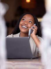 Image showing Black woman, phone call and laptop with smile thinking in remote work for communication, conversation or discussion. Happy African female freelancer wondering and talking on smartphone by computer