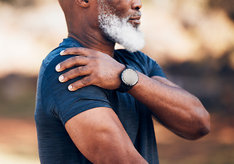 Image showing Senior hands, shoulder pain or injury in nature after accident, workout or training. Sports, health or elderly black man with fibromyalgia, inflammation and tendinitis, arthritis and painful arm.