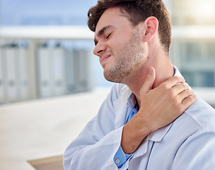 Image showing Tired, stress and man or doctor neck pain in office overworked, burnout or tension for healthcare problem. Medical professional worker, frustrated person or nurse with muscle injury at desk