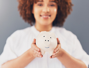 Image showing Finance, piggy bank or black woman with savings budget or financial profits growth on blurred background. Happy, portrait or African American girl with tin container for cash loan or money investment