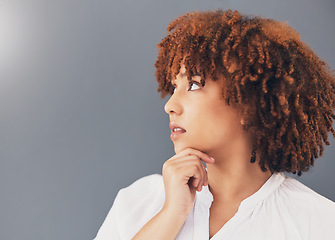 Image showing Ideas, thinking and black woman isolated on gray background scholarship, education or university decision. Contemplating, inspiration and young person, model or student with thoughtful idea in studio