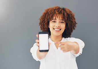 Image showing Mockup, blank phone screen and black woman hand pointing to digital advertisement and web message. Discount, sale and promotion deal mock up of a young female in a studio with gray background