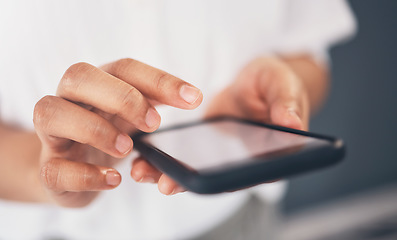 Image showing Closeup, hands and smartphone for typing, social media and connection for communication. Zoom, female professional and lady with cellphone, screen and networking for message, chatting and texting