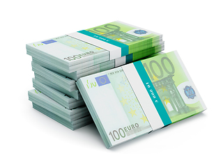 Image showing Stack of 100 euro banknotes bundles isolated