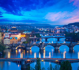 Image showing Panoramic view of Prague bridges over Vltava river