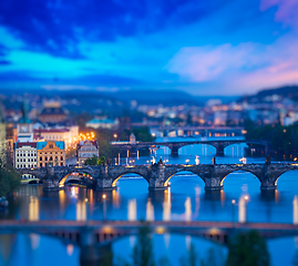 Image showing Panoramic view of Prague bridges over Vltava river