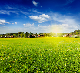 Image showing Countryside meadow field with sun and blue sky