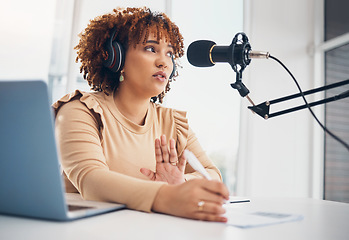 Image showing Podcast, microphone and black woman radio broadcast, content creation or recording virtual interview on laptop. Young reporter, news person or journalist speaking, planning live streaming audio show