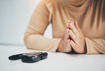 Image showing Diabetes, praying and equipment with hands of woman for medical, illness and blood test. Healthcare, medicine and technology with patient and machine for insulin exam, glucometer and monitor