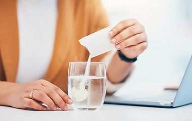 Image showing Woman, medicine and effervescent in water, glass and healthcare for relief, multivitamin and symptoms. Closeup sachet of powder, supplement and medical drink for worker with energy, wellness and cure