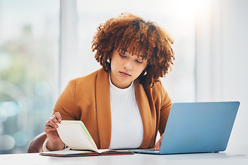 Image showing Burnout, laptop and black woman with notebook, stress and deadline for advertising campaign, overworked and depression. Jamaican, female employee or manager with device, planning or anxiety in office