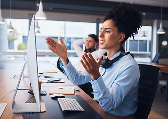 Image showing Call center, stress and woman in office with problem, 404 or internet glitch while working in customer support. Telemarketing, fail by girl with anxiety, mistake or frustrated while consulting in crm