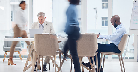 Image showing Corporate, busy and motion blur with business people in an office boardroom for planning or strategy. Meeting, management or walking with a man and woman employee group rushing to attend a workshop