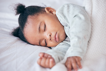 Image showing Black girl, baby and sleeping in bedroom, home and nursery room for peace, calm and dreaming at nap time. Tired young female kid asleep for resting, break and healthy childhood development in house