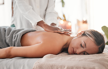 Image showing Hands, back massage with masseuse, women at holistic center or spa with wellness, physical therapy and zen. Health, peace of mind and face with stress relief, self care and lifestyle with healing