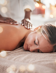 Image showing Woman, back massage at spa and holistic therapy with masseuse hands, wellness and treatment with zen. Health, peace of mind and stress relief, self care and lifestyle with healing, face and calm