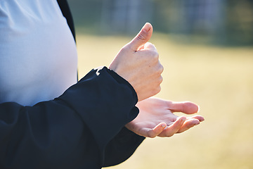 Image showing Woman, hands and thumbs up for good job, winning or success in sports training, exercise or workout in nature. Hand of female showing thumb emoji, yes sign or like for sport motivation outdoors