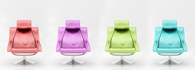 Image showing Four multi-coloured armchairs