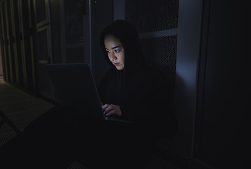 Image showing Night, hacker and programming with woman and laptop for coding, software and cyber security. Ransomware, phishing and developer with girl programmer in server for database, network and digital crimes