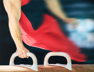 Image showing Horse, gymnastics and motion blur with the hands of a man training for an olympics event or sports. Exercise, balance and speed with a male athlete or gymnast in a studio or gym for competitive sport