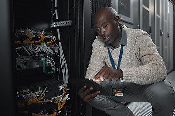 Image showing Data center or black man on tablet in server room on database maintenance or software update. Cybersecurity, it or startup male coder on technology for cloud computing, programming or web networking