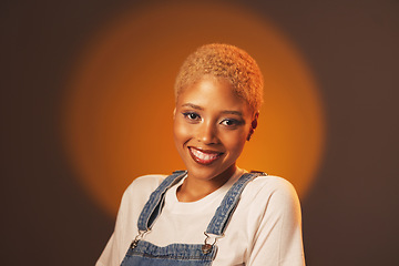 Image showing Portrait, gen z and black woman with smile, fashion and confident girl against brown studio background. Face, African American female and lady with happiness, beauty and cheerful with casual clothes