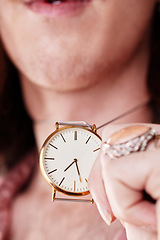 Image showing Hand, necklace and jewelry watch by man closeup fashion for rich person with luxury time accessories. Investment, gold and chain of guy or male with elegant, classy and expensive style zoom