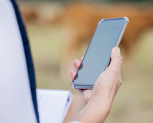 Image showing Hands, phone screen and mockup with farmer on farm for advertising, marketing or product placement. Agriculture branding, agro technology and woman with 5g mobile smartphone for sustainable tech.