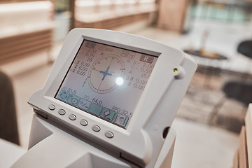 Image showing Optometry, healthcare and screen for an eye test in a clinic for eye care, health or wellness. Ophthalmology, medical and digital machine for a vision exam or eyesight assessment in a optical store.