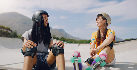 Image showing Roller skate, fitness and fun with friends at a skatepark, outdoor during summer for recreation together. Training, exercise or relax with a man and woman skater chilling while bonding outside