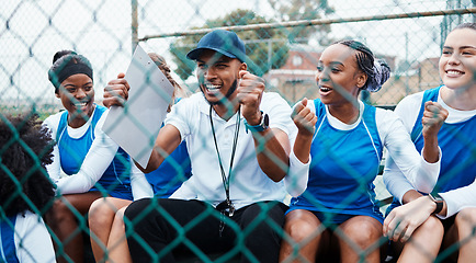 Image showing Motivation, coach or team support in netball game, training or match cheering for goals on sports court. Teamwork, fitness or excited man with athlete girls with happy smile, faith or hope together
