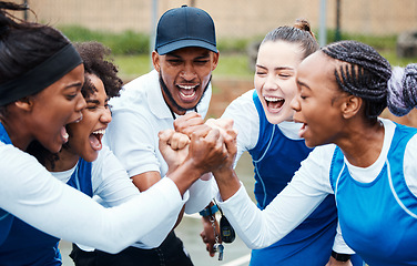 Image showing Fist, motivation or team support in netball training game screaming with hope or faith on sports court. Teamwork, fitness coach or group of excited athlete girls with pride or solidarity together