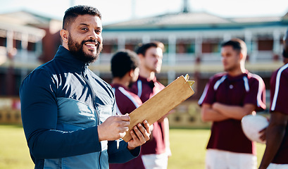 Image showing Sports, portrait or happy man with a strategy, planning or training progress for a game field formation. Leadership, mission or manager coaching men or rugby group for fitness idea or team goals