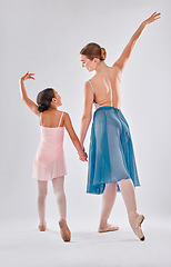 Image showing Ballet, back and mentor with girl, training and performance with fitness, balance and grey studio background. Female dancer, ballerina and coach dancing for show, practice and wellness with support