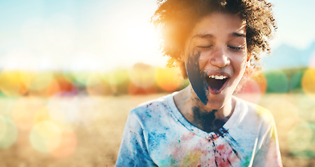 Image showing Paint, farm and mockup with an excited black boy outdoor on a blurred background of lens flare. Kids, fun and mock up with a messy male child outside for painting, agriculture or sustainability