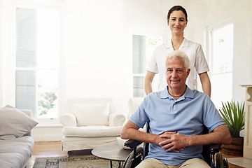 Image showing Nursing, portrait and disabled man in wheelchair, medical wellness or homecare support on mockup. Nurse help disability patient, senior healthcare and trust empathy service for elderly rehabilitation