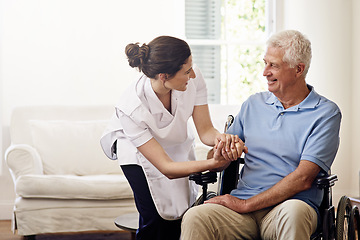 Image showing Nurse helping disabled man in wheelchair for medical trust, wellness and support in nursing home. Happy caregiver, senior patient and disability service for healthcare, rehabilitation and mockup aid