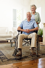 Image showing Wheelchair, disability and portrait of happy old couple at home for marriage, quality time and bonding. Retirement, trust and elderly woman and man smile in living room for relax, support and love