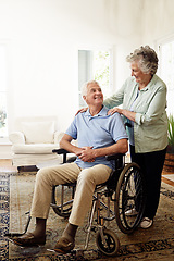 Image showing Disability, wheelchair and happy senior couple enjoy affection and bonding together. Retirement home, marriage and elderly woman and man smile in living room for relax, support and love with mockup