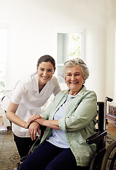 Image showing Nurse, portrait and helping disabled woman in wheelchair for medical trust, wellness and support in nursing home. Happy senior patient and disability service for rehabilitation healthcare with mockup