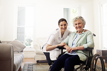 Image showing Nurse, portrait and woman disability in wheelchair, medical wellness or homecare support. Caregiver helping disabled patient, senior healthcare and service of elderly rehabilitation with mockup