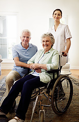 Image showing Portrait, smile and wheelchair, senior couple with caregiver at nursing home for disability and rehabilitation. Healthcare, elderly care and retirement, old woman and man with nurse in living room.