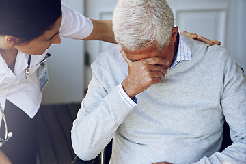 Image showing Nurse help depressed senior man for support, healthcare and counselling in retirement home. Sad, old and elderly patient with caregiver, crying and empathy for depression, lonely problem and sickness