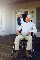 Image showing Wheelchair, retirement and happy senior couple enjoy bonding, quality time and marriage on outdoor patio. Disability, love and elderly man and woman smile for support, wellness and relax at home