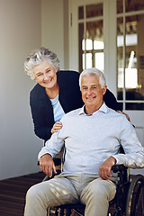 Image showing Wheelchair, happy and portrait of senior couple enjoy weekend, quality time and bonding on patio. Retirement home, disability and elderly man and woman smile for relaxing, marriage trust and love