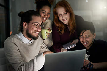 Image showing Night, teamwork and staff with laptop, smile and people with new project, web design and website launch. Friends, coworkers or group with device, working late or creativity for advertising agency